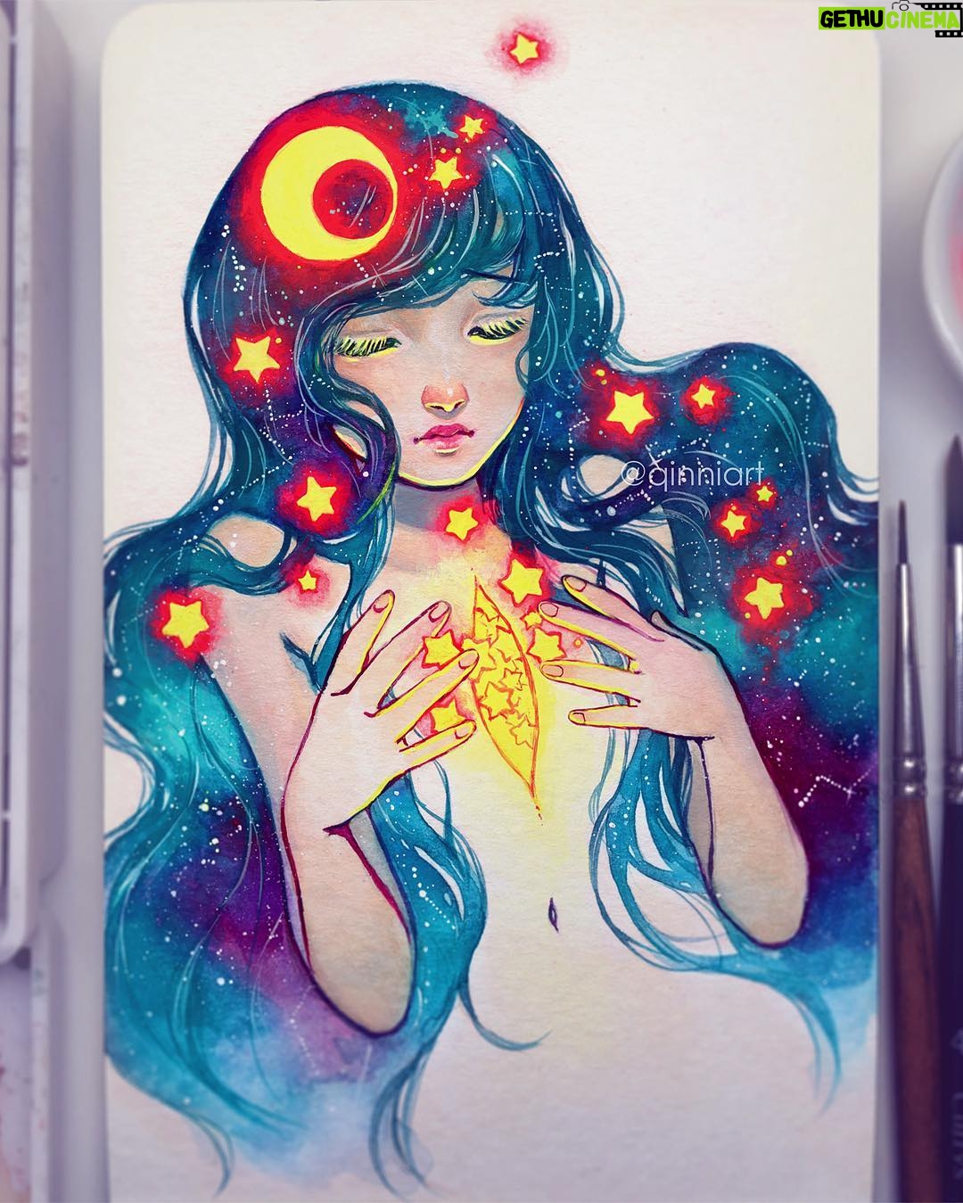 Qing Han Instagram - Made of stars....🌙✨ • • • Fluorescent gouache paint is awesome 😍~ An idea I had around last year trying to cope with my heart surgery that left me with a huge, nasty-looking scar. A lot of you guys probably already know about this, I think I talk about it a lot...a little too much sometimes perhaps, sorry. Some of you guys have DM'd me about this, asking about how or why I got my surgeries, so... ⭐️ ⭐️ Read on if you're curious and don't know what I'm talking about 😊. ⭐️ Last year I was diagnosed with Mitral Stenosis, where my mitral heart valve was too small and wasn't opening and closing properly, causing the blood in my left heart chamber to regurgitate back into my lungs because the opening was too small to let enough blood to flow to the next chamber. I was having a lot of trouble breathing every time I walked at that time. So sometime around this time last year, I had my first heart surgery. Of course, I had 2 more within the next two months (my mechanical valve fell off due to complications that'll take too long to explain), after which I felt completely just numb. Though at this point, I was trying to come to terms with the fact that I have a ~20cm long (9inches) scar on my chest. It was really quite... disheartening, to say the least, to have such a large and scary looking scar that looks so angry red and bumpy. I started drawing these girls with things coming out of a rip in their chest to kind of cope with it, really, but now I'm starting to like this concept. I've seen people physically flinch or cringe a little when they see my scar, but I'm dealing with it slowly. I guess the worse thing is the meds I'll have to be on for the rest of my life to regulate my blood clotting rates and the fact that it's probably extremely dangerous for me to have a child (for both me and the child). So yeah. That's all. I still kind of feel uncomfortable when I see hospital wards but it's getting better cause I'm not breaking out in cold sweats when I watch hospital scenes on tv anymore so yay!! If you got this far, this is the Instagram word limit lol. You're amazing and thank you for reading. 😆~ sorry for rambling. #inktober2016 #inktober