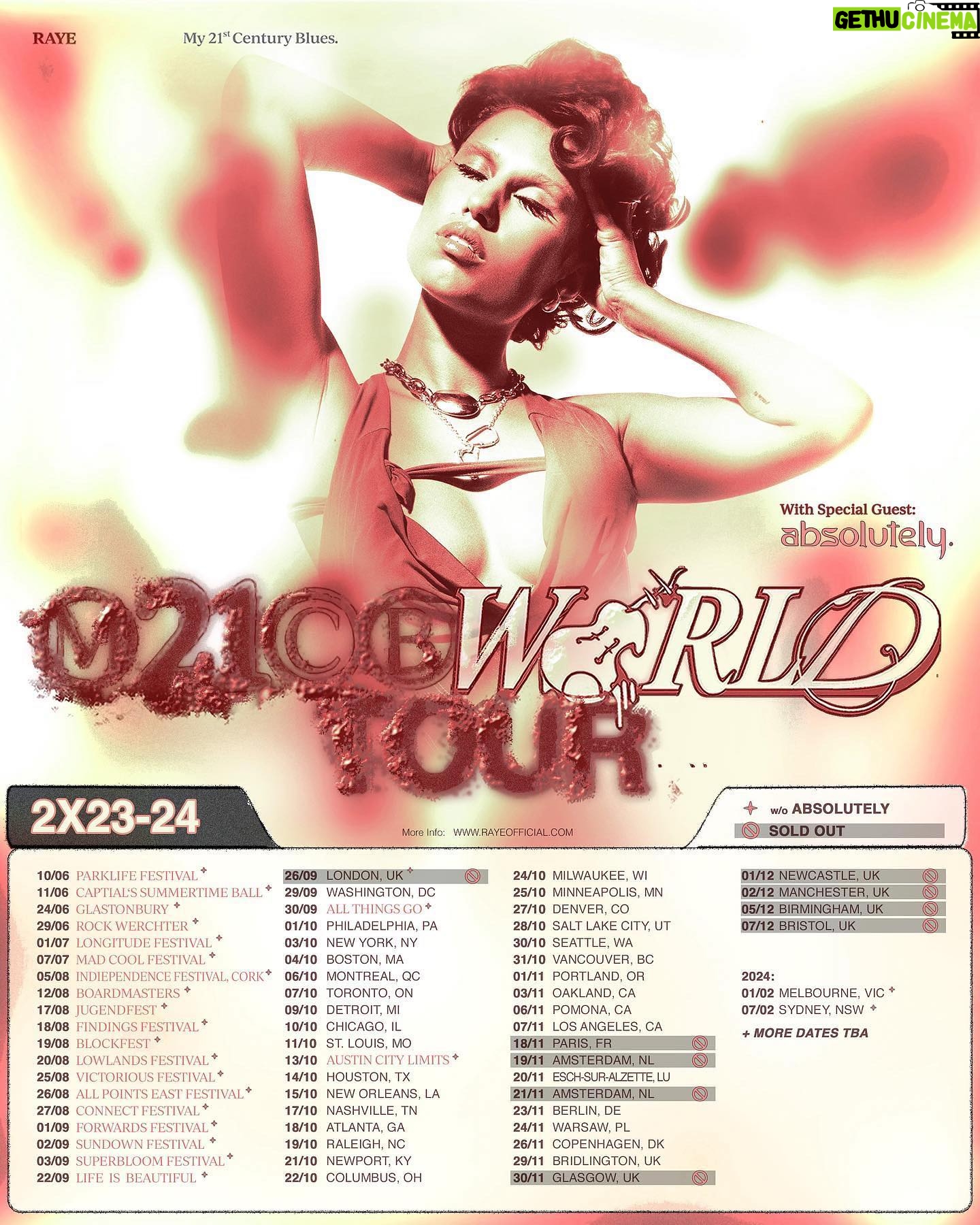 RAYE Instagram - M21CB WORLD TOUR🫀🎺🎙️ USA 🇺🇸 & Australia 🇦🇺 dates added and festival dates included. W special support from my talented baby sister @the.absolutely Register for presale access via my website, link in bio. Presale goes live Wednesday 10am local time, general sale is Friday 10am local time. See you soon my beautiful humans 🥹🥹🥹