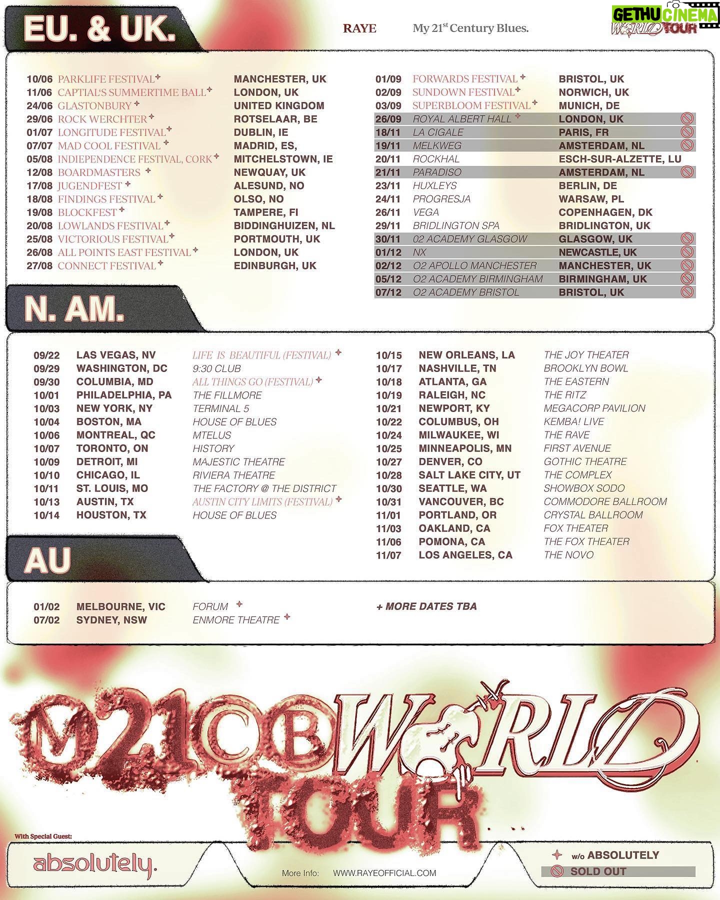 RAYE Instagram - M21CB WORLD TOUR🫀🎺🎙️ USA 🇺🇸 & Australia 🇦🇺 dates added and festival dates included. W special support from my talented baby sister @the.absolutely Register for presale access via my website, link in bio. Presale goes live Wednesday 10am local time, general sale is Friday 10am local time. See you soon my beautiful humans 🥹🥹🥹