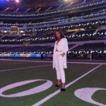 Rachel Lindsay Instagram – Never played on the field but I did party on one. 

Outfit: @aliceandolivia 
Shoes: @stevemadden