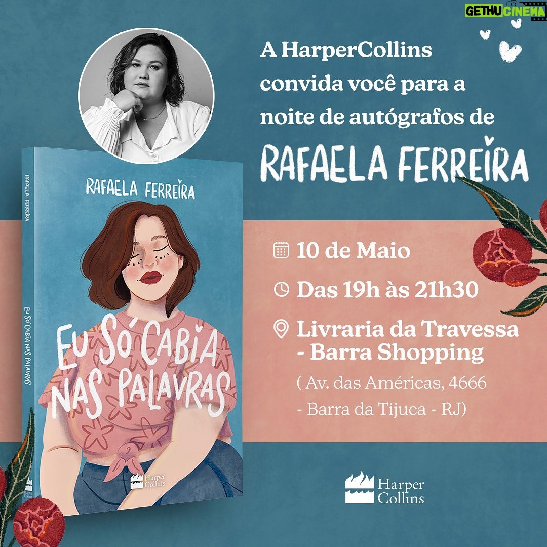 Rafaela Ferreira Instagram - Leitores do Rio de Janeiro, save the date! No dia 10/05, quarta-feira, às 19h, a @ferreirarafaela estará na Livraria da Travessa no Barra Shopping para a noite de autógrafos do livro "Eu só cabia nas palavras"! Venha encontrar a gente! 😉 Anote aí o endereço: 📍 Av. das Américas, 4666 - Barra da Tijuca - RJ Nos vemos lá! ❤️