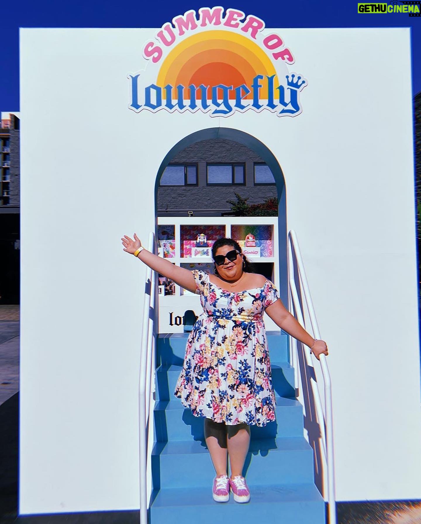 Raini Rodriguez Instagram - Summer of Loungefly ☀️ Thank you @loungefly @originalfunko for having me! I loved getting to see all of the different collections 🤩 I seriously need that Lisa Frank wallpaper in my room asap✨🌈💋