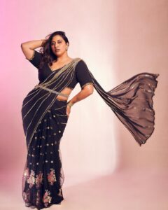 Raja Kumari Instagram - Svetha in a Sari 💗 This Diwali I’m celebrating finding my light and my sacred feminine 🪷 Thanks to my all female creative team that has helped me love myself, no extensions, no lashes. Just me! @tryagaintoobad @styled_by_meera @riyasheth.makeuphair @helena_hair_stylist Shot by @trishasarang Wearing custom @papadontpreachbyshubhika sari Jewels by @isharya Cuffs by @the.olio.stories