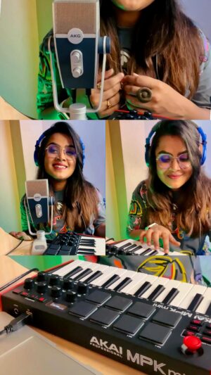 Rakshita Suresh Instagram - On today’s #RakstaGram 🎧, got this cute li’l new setup at home and tried cooking a li’l somethin’. 🎙️🎹💝

Was mad fun!! 🥳😍 Gonna try and do more of these! 🥰