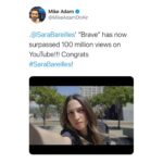 Rashida Jones Instagram - Six years ago, my friend @sarabareilles asked me to direct a video for her song "Brave." I loved the song but I told her I'd never directed anything before and maybe she should get someone else to do it. She replied "who gives a shit? You'll figure it out." Thank you Sara B, for not allowing me to use fear of failure as an excuse to pursue something I love, to start a new career. That's what real support and female friendship looks like. Also, our video just passed 100 million views on YouTube!!! What????!!!