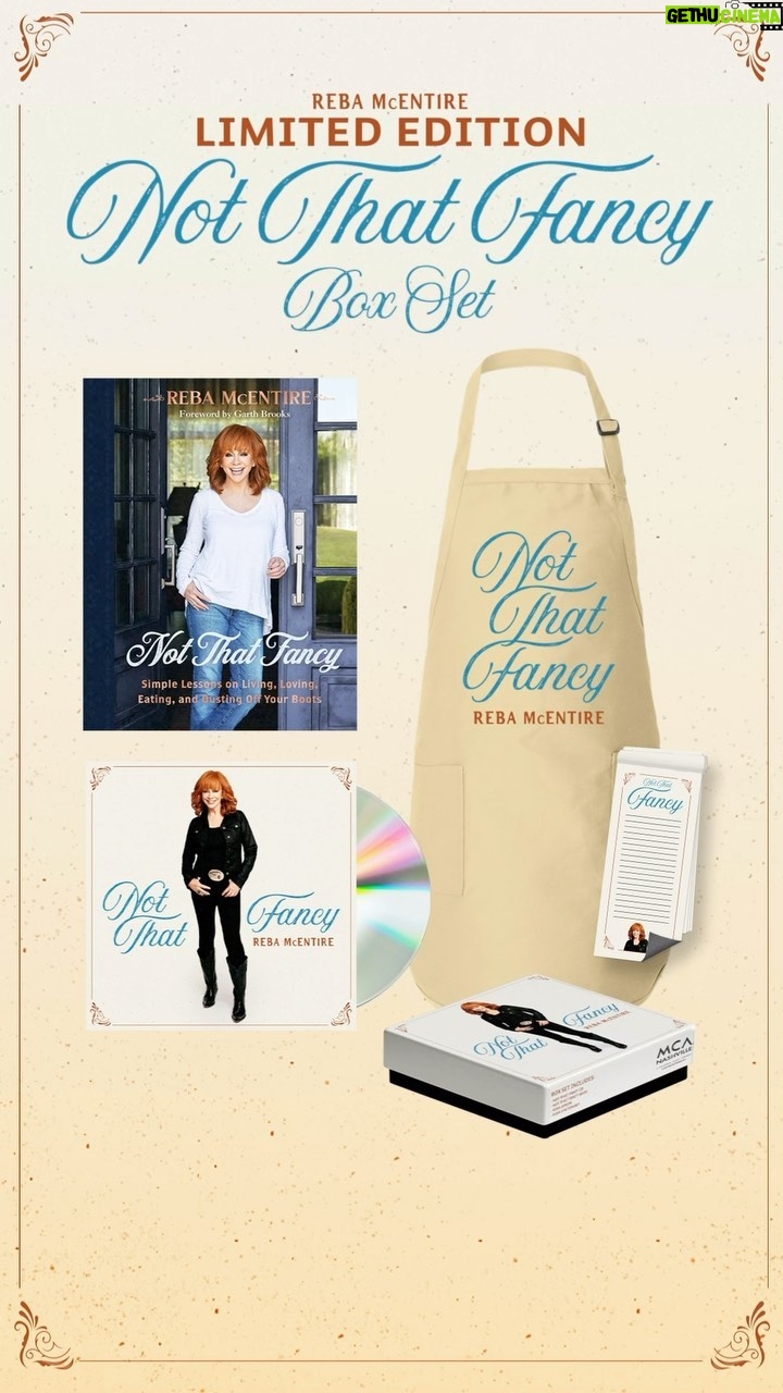 Reba McEntire Instagram - Don’t miss out on the #NotThatFancy Box Set which includes my new book, a companion album, an apron, and a notepad to write all the ingredients to my favorite recipes down! Order yours now at the link in bio!