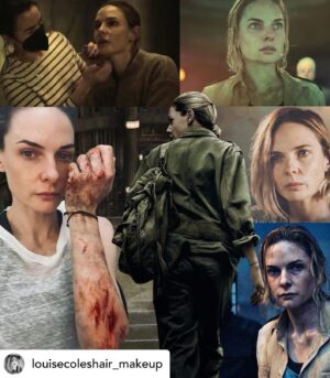 Rebecca Ferguson Instagram - Becoming Juliette thanks to my wonderful incredible @louisecoleshair_makeup… What a journey! Xxx

Regram • @louisecoleshair_makeup Creating Juliette’s look was a collaborative process. I made mood boards for each element: hair style, cut/colour, tattoo shapes, make-up. 

Her look needed to be practical and show her journey. We mapped out her body scars, different ages, time spent working in mechanical. Her hair is a deliberate departure from her look as a child. Taking it short and lifting the colour, in keeping with the experimental use of chemicals in the Down Deep. 

Her Tattoo’s were the most enjoyable part of the process. We went through a few options. The line tattoo’s on her wrist and fingers are representative of rings and a bracelet and are a symbol of her young friendship with Shirley, they have the same. The big arm tattoo was very much a collaboration with @rebecca_ferguson , we both had a similar idea and ultimately drew the shape to fit Rebecca’s arm/Biscep. The weaving lines symbolising Rope/Wire and her working with machinery.

I accidentally came up with her hair style, the double up look was something that happened last minute in a fitting to get her hair back. We loved it and it became her style. 

Tattoos printed by @tattooednow 
Hair colour: @jayjaygrayesq 
Scars: stock bondo scars from @kristyan_mallett 

Hair and Make-up by me 
Assisted/set cover by @gigidey89 @toniamia 

Skin Prep: cryo sculpting globes @skin.111 
CEO serum @sundayriley (this is the secret to her glowing skin) 

Makeup:
@glossier skin tint 
@glossier stretch concealer 
@suqqu_official brow pen 
@glossier boy brow clear 
@pixibeauty gel on lids 
@surratt eyelash curlers 
@milkmakeup contour
@susannekaufmann_ lip balm 
@lemaquillagepro cheryl Mitchel dirt palette
@skinillustratorofficial dirt and complexion palettes 

Hair products: 
@sammcknight1 cool girl 
@avedacoventgarden Confixor 
@layriteofficial 

Costume Design: Charlotte Morris
📷 @rekhagarton 

#silo #juliette #rebeccaferguson #hairandmakeup #appletv