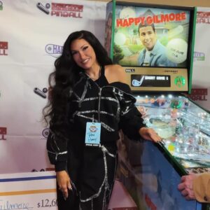Rebecca Victoria Hardy Instagram - Thank you @killatrav for reppin my game 🙏🏽🖤 #happygilmore #pinball #gamedesigner #hardypinball #rebyhardy