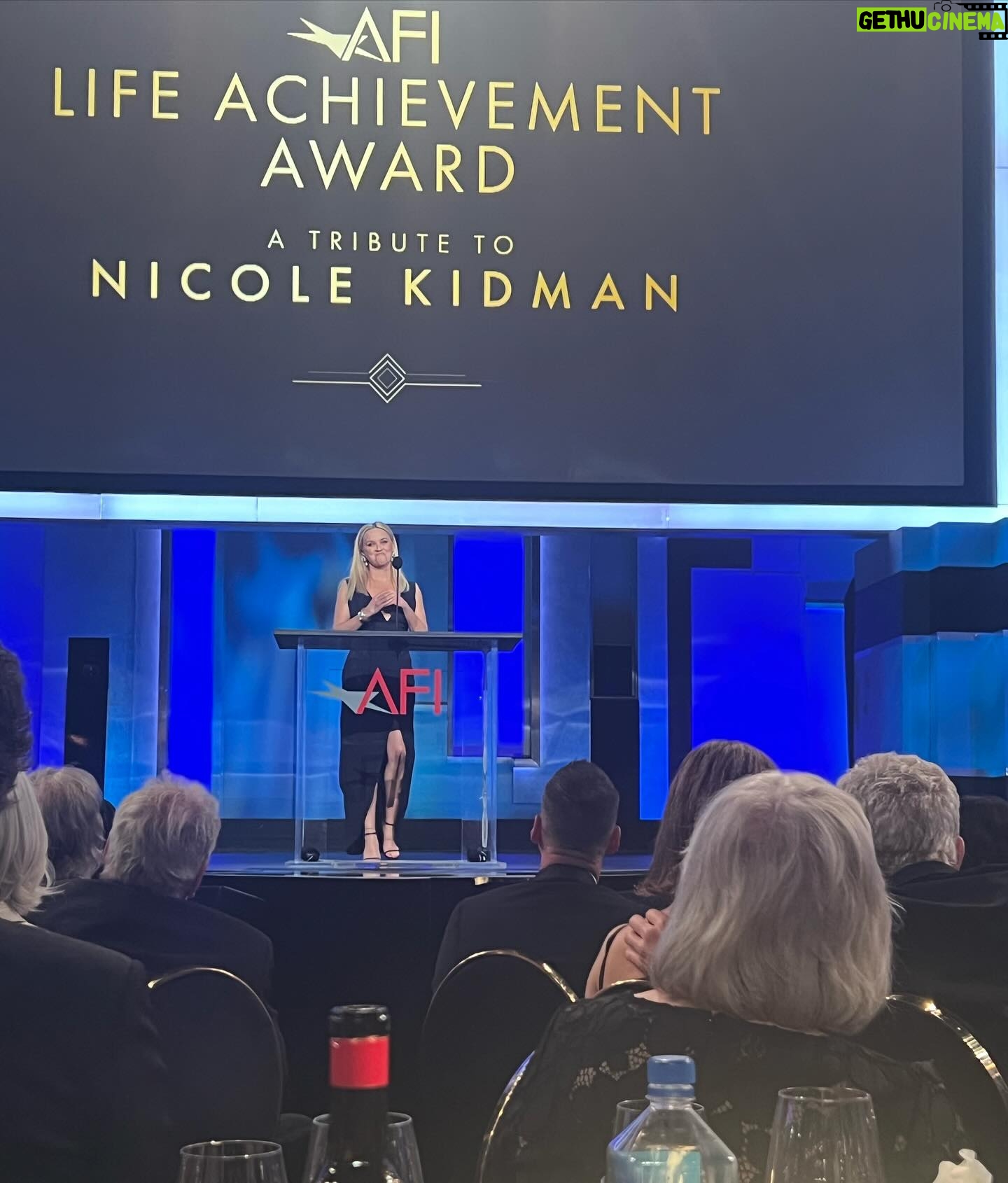 Reese Witherspoon Instagram - What an incredible evening celebrating the legendary career of @nicolekidman for @americanfilminstitute ! It was incredible watching and remembering all of her amazing performances: Dead Calm, Moulin Rouge, To Die For, Cold Mountain, Big Little Lies... just to name a few of my favorites.🤩 Nicole, you are a once-in-a-lifetime talent and I’m so proud to be your partner, friend, and sister in this life. I love you ! 💕