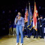Renée Elise Goldsberry Instagram - Traded a heart felt #anthem performance for court side seats @thegarden last night! Got so excited when the @nyknicks won, I decided to do a bad and unsolicited encore performance…🤦🏽‍♀️🤣… Cuz we’re still in this thing, baby! And cuz the way @juliusrandle30 celebrates with his family is just beautiful! Thx for indulging me @nickkroll and my dearest @misanita79 ! #knicksfan4life ! @takishahair ! Thought I was doing this one on my own, but… You showed up! And showed out! MVP!