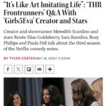 Renée Elise Goldsberry Instagram - It’s not me against you, it’s us against them! Check out the full #HollywoodReporter interview when you click link in my story. And watch season 3 of #Girls5Eva only on @Netflix! 💇🏾‍♀️: @takishahair 💄: @autumnmoultriebeauty 🧷: @sarahslutsky 👗: @cynthiarowley 👠: @casadeiofficial 💎: @_jennybird