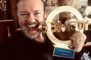 Ricky Gervais Instagram - My National Comedy Award for Best Stand Up Show arrived today. It’s going on the shelf. Not sure where though. It’s fucking massive. #SuperNature