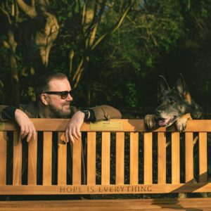 Ricky Gervais Instagram - The benches in After Life are iconic. Together with @calmzone we’ve donated 25 benches to councils around the UK 💚