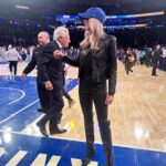 Riley Voelkel Instagram - Go Knicks 🏀 @nyknicks @thegarden #nyknicks #letsgo #ootd Jackets& Boots @allsaints Top and Pants @lagencefashion Ring @ettika Earrings @pebbyforevee Styled by @718blonde