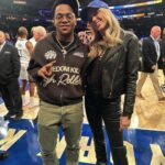 Riley Voelkel Instagram - Go Knicks 🏀 @nyknicks @thegarden #nyknicks #letsgo #ootd Jackets& Boots @allsaints Top and Pants @lagencefashion Ring @ettika Earrings @pebbyforevee Styled by @718blonde
