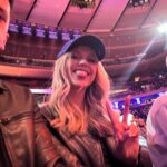 Riley Voelkel Instagram – Go Knicks 🏀 @nyknicks @thegarden #nyknicks #letsgo #ootd 

Jackets& Boots @allsaints 
Top and Pants @lagencefashion 
Ring @ettika 
Earrings @pebbyforevee 
Styled by @718blonde