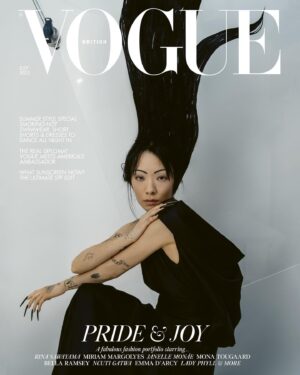 Rina Sawayama Instagram - At 32, @RinasOnline has established herself as part of a new generation of music stars reshaping the industry model to fit their own mould. And, she tells @LiamNHess, she’s only just getting started. In the July 2023 issue of @BritishVogue, the cover star talks about her third album, taking her first steps as an actor and why being a queer Asian musician is “freeing”. Click the link in bio to read the profile in full, and see the full story in the new issue, on newsstands Tuesday 20 June.

#RinaSawayama wears all @Givenchy, photographed by #TimWalker and styled by @KPhelan123, with hair by @AliPirzadeh, make-up by @TerryBarberOnBeauty, nails by @Simmy_NailsAndBeauty, set design by @MigsBento and production by @Zoe_Wassall at @GreatSouthernProductions.

[Image Description: Image shows Rina Sawayama, a Japanese-British woman with black hair, on the cover of British Vogue. She is dressed all in black, and sitting on a stool against a grey backdrop, with her body angled to the right and her head turned towards the camera. Her long black hair is standing up vertically and her fingernails are long and filed into a point. Her left arm is resting on her knee, and her right arm is folded on top, with her chin resting on her hand. Above her head, the Vogue logo in big white letters. The cover also reads: “Pride & Joy.“]