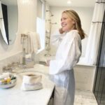 Robin Wright Instagram - Morning ritual with @robingwright in Pour Les Femmes’ Italian pulled lace. Featuring our long sleeve button-front pyjama set and delicate long robe. Handcrafted in Sicily from breathable, white linen. @pourlesfemmesofficial xx