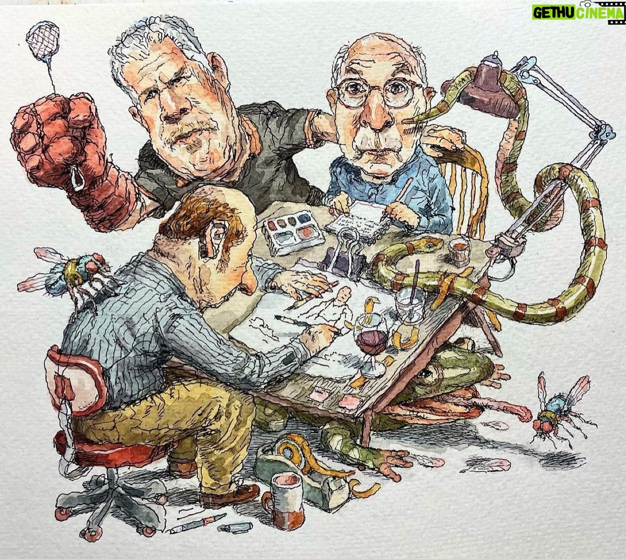 Ron Perlman Instagram - Once again, a pigment of a master imagination… Repost from @johncuneo3 • The under toad. A small thing ( 6 or 7 inches wide ) finished today in a Canson watercolor sketchbook. This began , as so many things here begin, with a sad, solitary man hunched over a table. And like a weed, or a tumor, it just grew. Things expand sometimes. Faced with the recurring inability to provide any rational context for a drawing , I turn again to a favorite quote from Lynda Barry for justification: “ You have to be willing to spend time making things for no reason”. Thank you Ms Barry, mission accomplished.