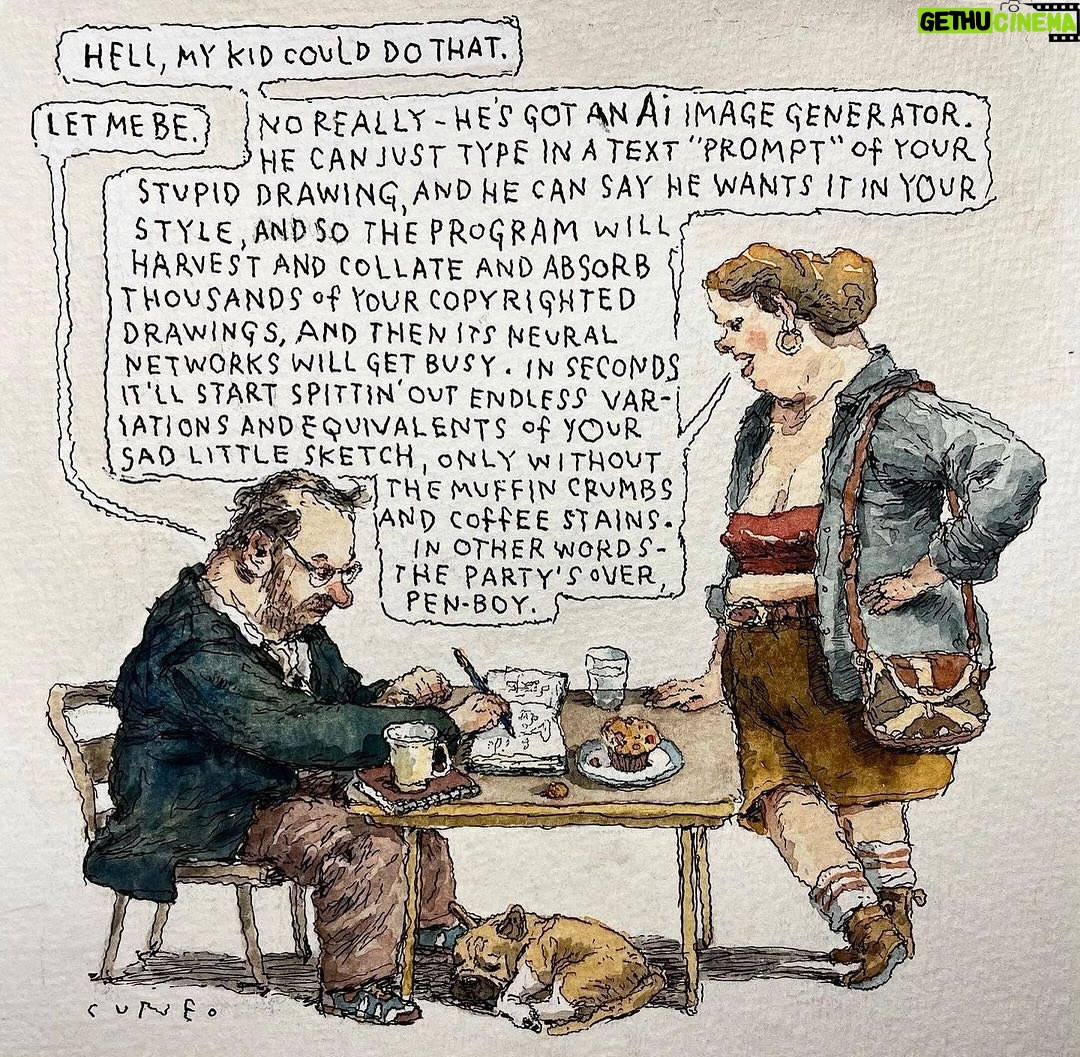 Ron Perlman Instagram - Am reposting this, my most favorite satirists of our day, the great @johncuneo3 . In my brave new world the only thing that is revered is the decimation of dehumanization. Stay tuned!!!!! #Repost from @johncuneo3 • This dour little drawing, about the existential threat that Ai poses to artists and illustrators, has been selected for this year’s prestigious American Illustration Annual. The irony is not lost on me. Thanks to @chronogram for putting it on the cover of their magazine, and to @american_illustration_official , Mark Heflin, and to the jury, for making it through over 8000 entries and maintaining their sense of humor. #chronogram #ai #artificialintelligence #drawing