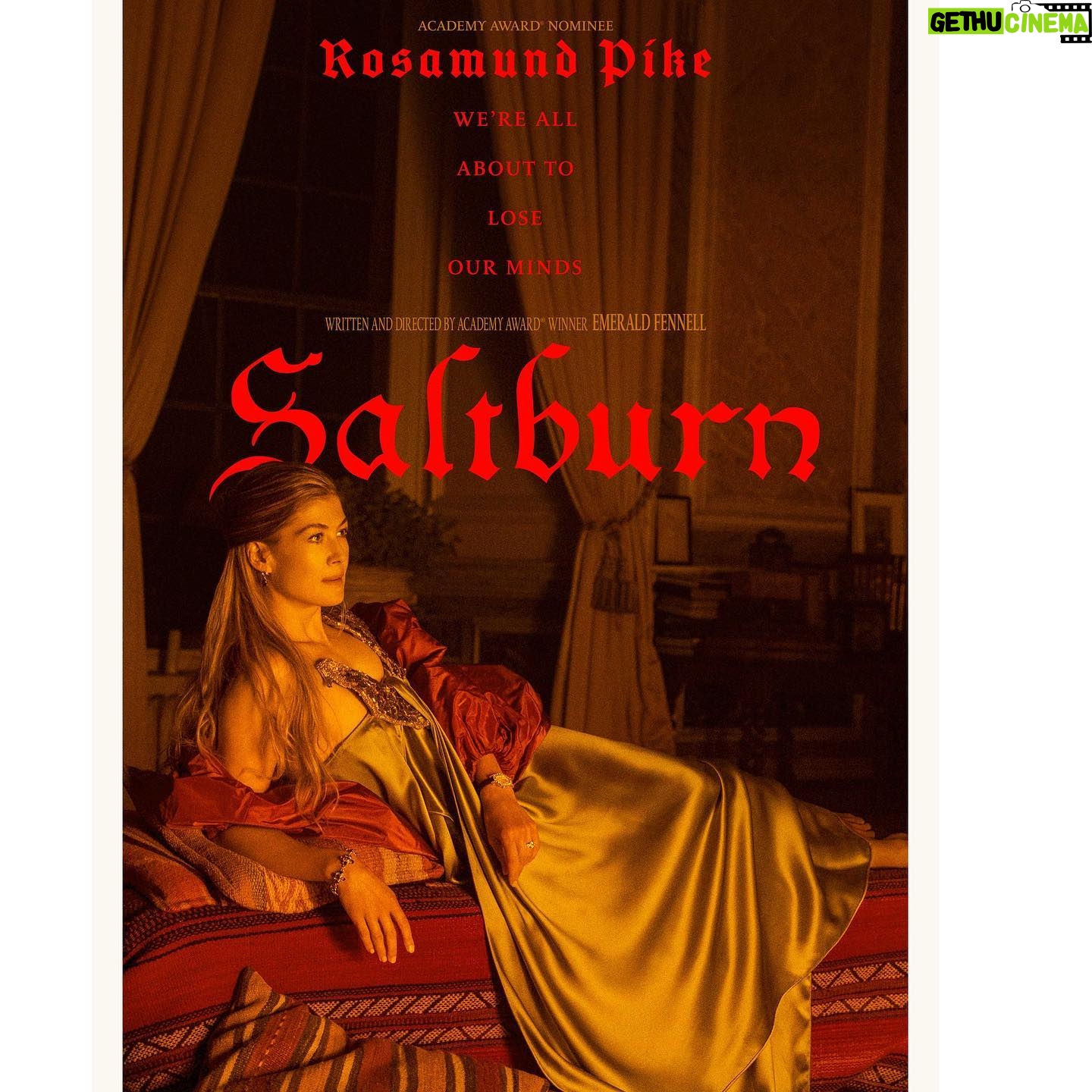 Rosamund Pike - 69.8K Likes - I honestly lost my mind this morning. Thank you @goldenglobes for the nomination for @saltburnfilm . Elspeth LOVED being in LA back in the day. The late 90s/early 2000s before phones had cameras were SO fun.