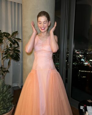 Rosamund Pike Instagram - LA DREAMING… night before the @goldenglobes . Lights of Los Angeles never fail to transfix me. A night to play in a @mollygoddard dress of dreams. We had FUN!
Styling @leithclark makeup @melaniemakeup  hair @davidebarbieri_ dress @mollygoddard jewellery @repossi shoes @jimmychoo @saltburnfilm