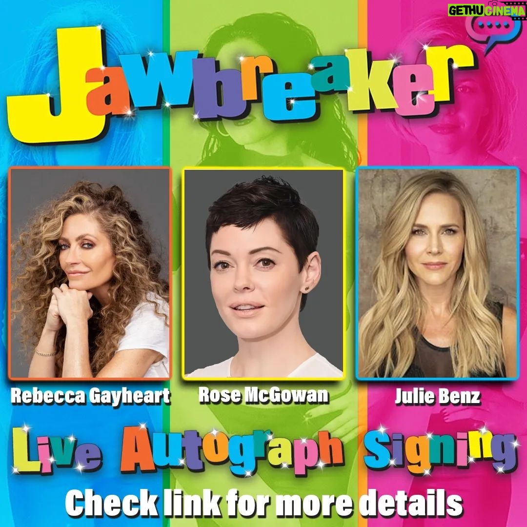 Rose McGowan Instagram - Get ready for the EXCLUSIVE Jawbreaker reunion on June 27th!! Join the iconic trio; Julie Benz, Rebecca Gayheart, and Rose McGowan, as they sign your personalized autographs LIVE. TONS of prints and posters still available, don't miss out!! Details in link: https://streamily.com/jawbreaker @juliebenzmft @rebeccagayheartdane @rosemcgowan #jawbreaker #jawbreakerreunion #rebeccagayheart #rosemcgowan #juliebenz #jawbreakermovie