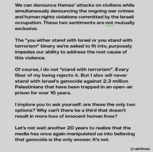 Saffron Hocking Instagram - Ceasefire. Free Palestine. Stop killing innocent Israelis. Stop killing. Protect innocent human lives. 🤍