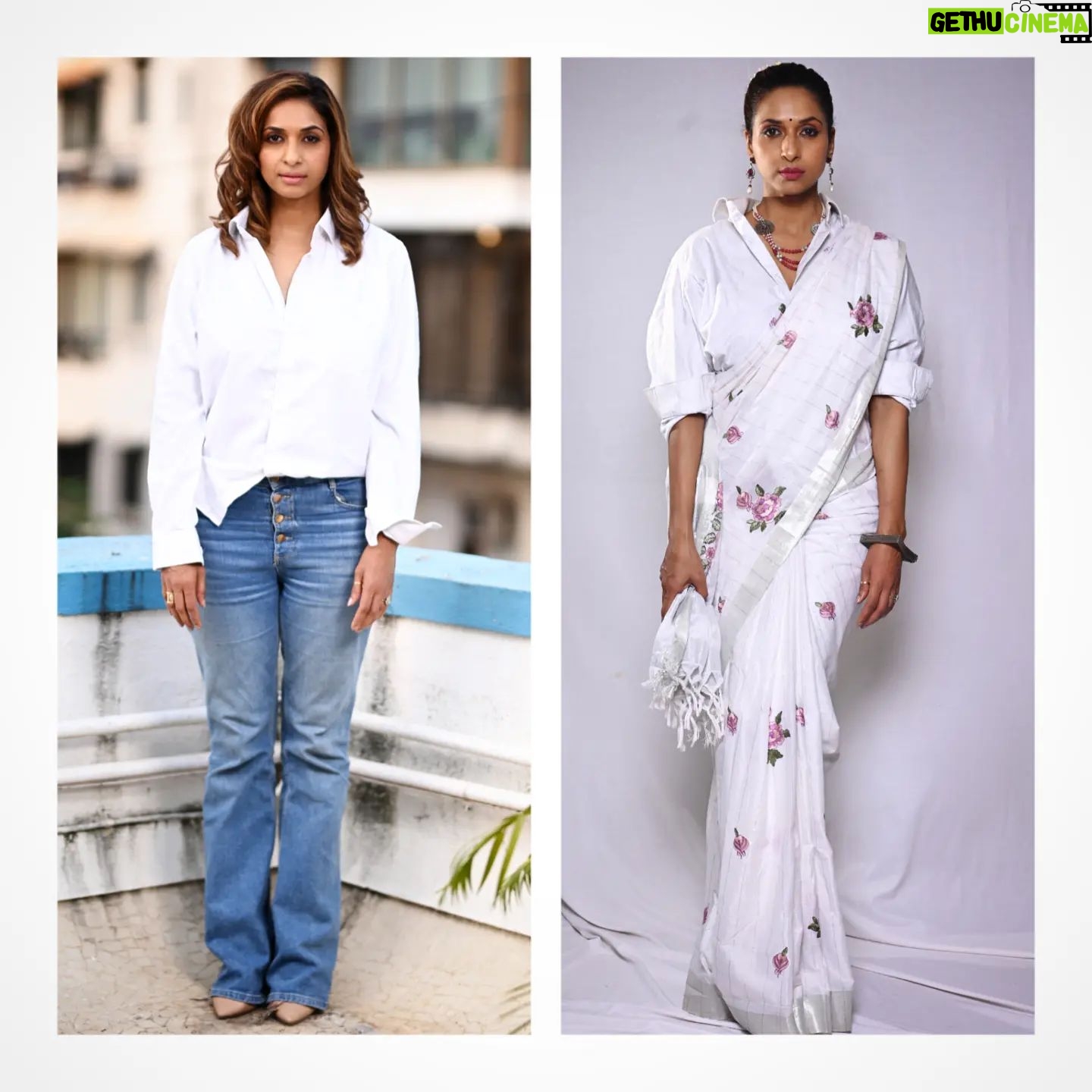 Sandhya Shetty Instagram - The Life of this world is nothing but the Harmony of Opposites β€ Which side of this look of Harmony do you like ??????? Please Do Comment below π Thank you π€β€π· Photographer @aslamshaikh104 Designer @kaushikshrimanker @oraios_design_studio HMU @ramaniya_by_apoorvaks @makeup.by.pratiksha Cinematographer @swapnil7898 Lights @mahajanswagat #sandhyashetty #Nofear #actor #supermodel #internationalspeaker #CommonWealthKarateChampion2015 #womenpower #womenleader #fitness #actorslife #bollywood #motivation #Dharavibank #coronapapers #selfdefense #selfawareness #mentalhealth #bebold #choices #style #fashion #Harmony #saree #sareeswag #denim #whiteshirt #freedom #mylifemyrules β€