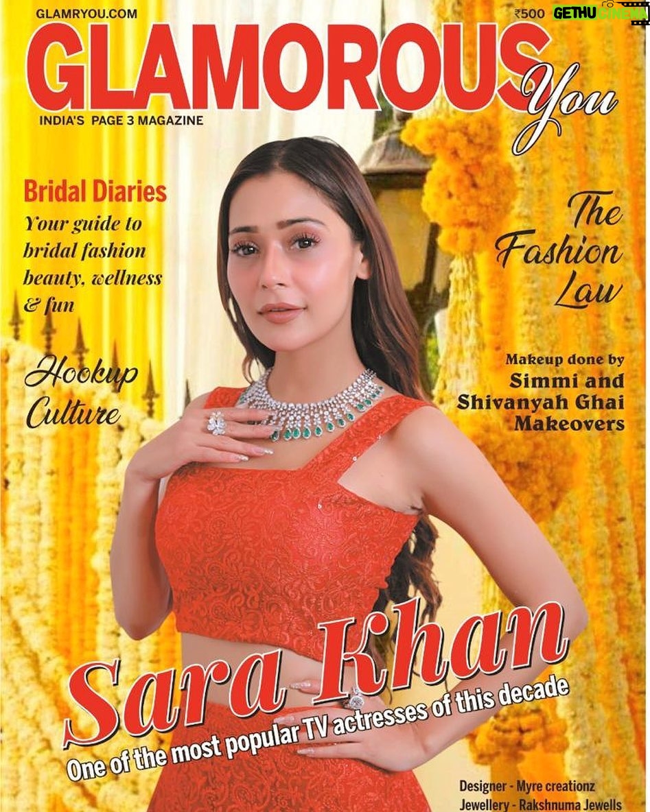 Sara Khan Instagram - Here it is! cover for the wedding issue of @Glamorous___you Magazine Editor-in-chief- Lakshmi Singh Jewellery - @Rakshnumajewels Makeup-@simmighaimakeovers Fashion designer- @myra.creationz