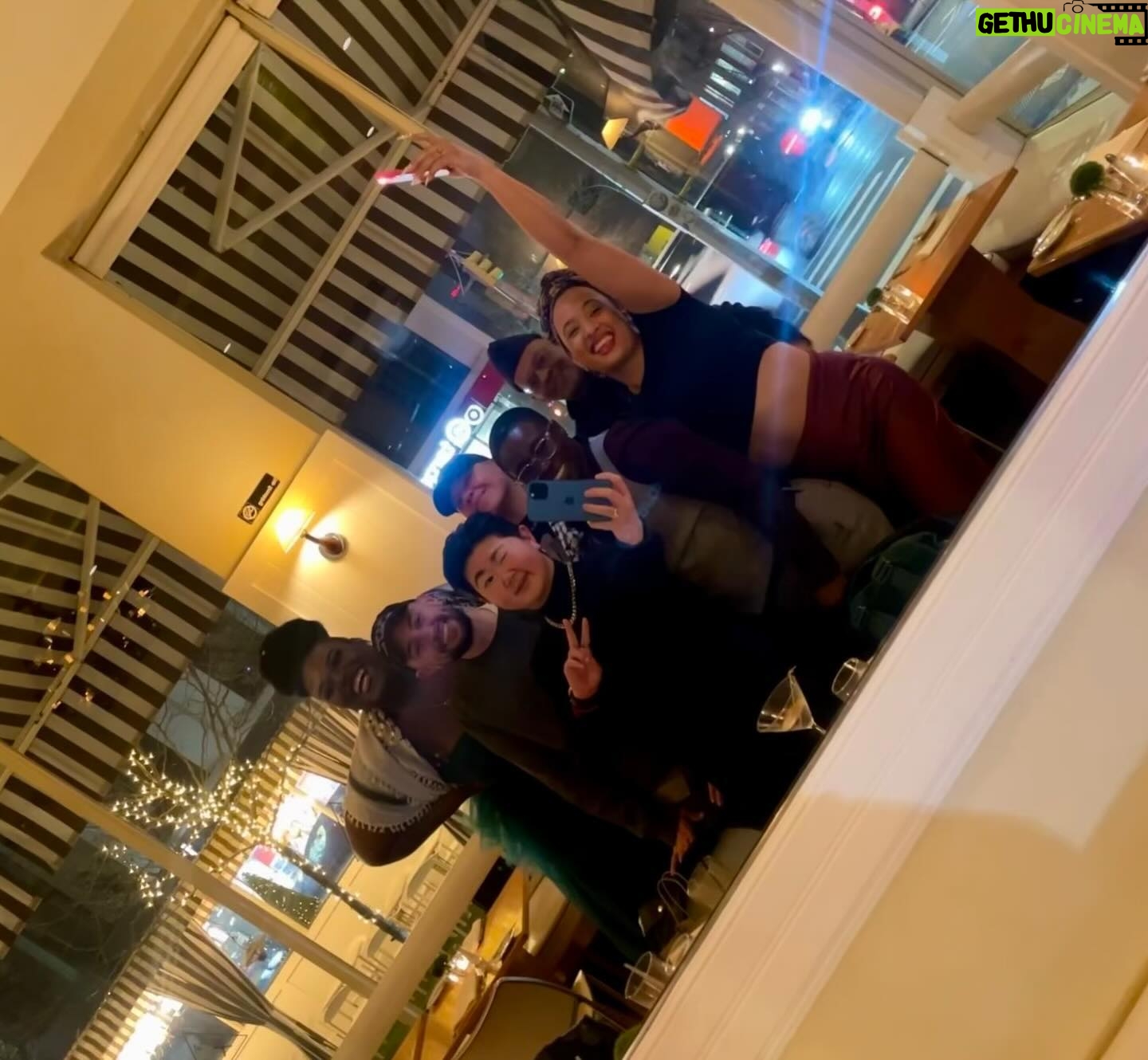 Sara Ramirez Instagram - Thank you to community for keeping one another safe, and affirming the world we know is possible. It’s nights like this one that keep me going. What a time to be alive. . . 2 pics of the same group selfie taken by Sagan inside a restaurant, with NYC through the windows looking out behind us: 1st one is from further away with Qween, Sawyer, Sagan, me, Sloane, Ianne and Crayton in various forms of smile and love energy, the 2nd pic is a close up of the same group similar vibes.
