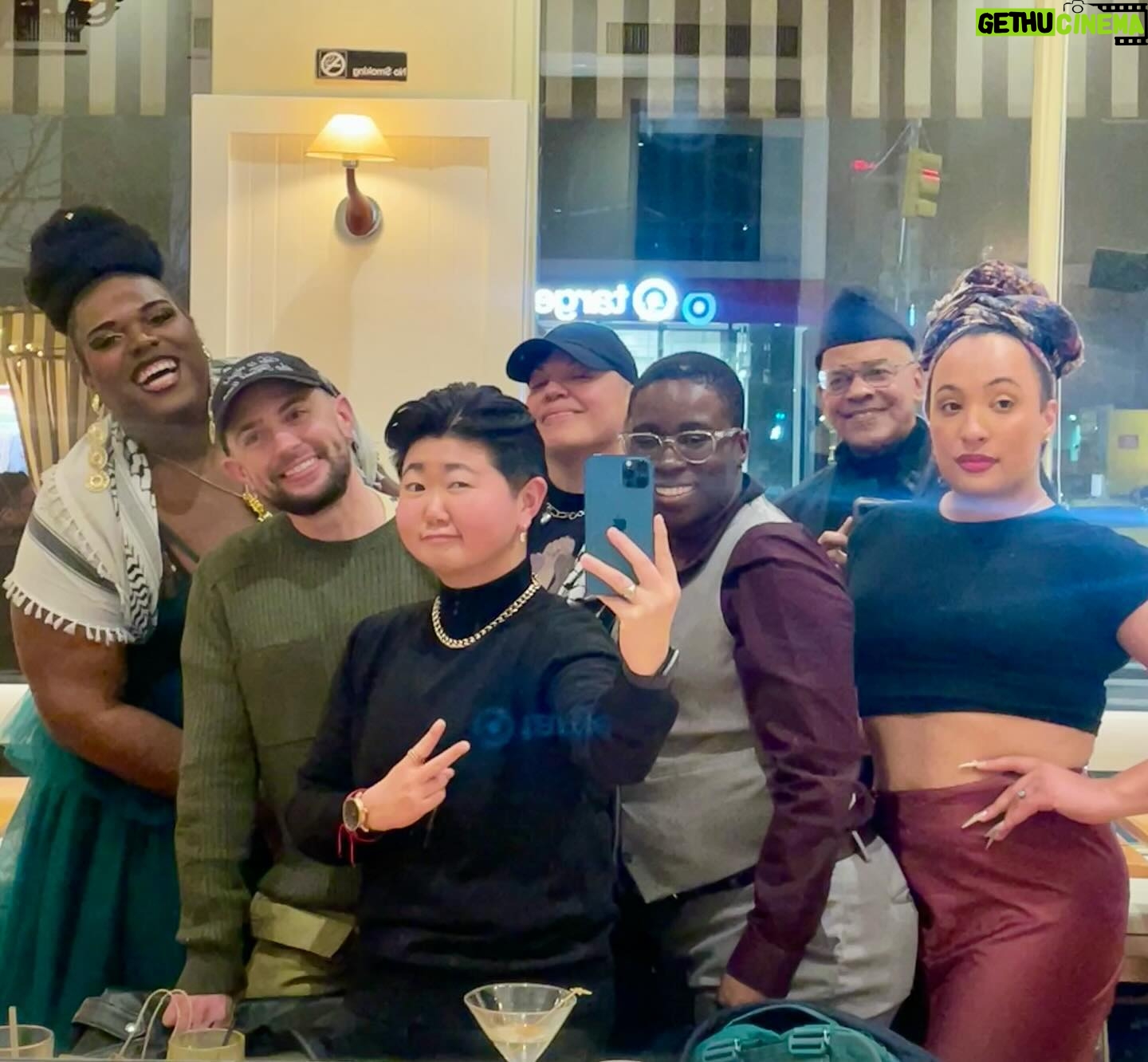 Sara Ramirez Instagram - Thank you to community for keeping one another safe, and affirming the world we know is possible. It’s nights like this one that keep me going. What a time to be alive. . . 2 pics of the same group selfie taken by Sagan inside a restaurant, with NYC through the windows looking out behind us: 1st one is from further away with Qween, Sawyer, Sagan, me, Sloane, Ianne and Crayton in various forms of smile and love energy, the 2nd pic is a close up of the same group similar vibes.