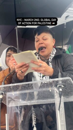 Sara Ramirez Instagram - Actor and activist Sara Ramirez @therealsararamirez addresses the crowd, surrounded by other LGBTQIA  activists standing in solidarity with Palestine: “I may have played a foreign policy advisor on TV, but I don’t have to be a real one to know that genocide and ethnics cleansing are WRONG!” #ShutItDown4Palestine 🇵🇸