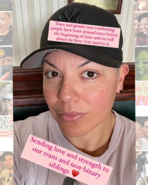 Sara Ramirez Instagram - Grateful to build with theys, shes and hes who genuinely authentically are a We. Thank you. Ya’ll know who you are. 
.
.
1. Sara serious selfie looking into camera, wearing a black ballcap, dusty pink shirt, two pink squares above/below my face that say:”Trans and gender non-confirming people have been around since before the beginning of time and we will always be here. Get used to it.”, and “Sending love to our trans and non-binary siblings♥️”. Faded pics from Sara’s photo album on either side of pic.
.
2. Video: Transmas @blacktransliberation 2022, @trudy0nduty walking a cup of water to Sara at one of many tables that night, lots of beautiful tgcn fam taking up space and sharing in our joy and passion for community building and strengthening. 
.
3. Pic of @qween_jean @kamyothekidd honoring @ohhbrent for all his appreciated efforts for BTL community (and his furry baby Birkin), at Transmas 2022 @blacktransliberation 
.
4. Pic of @joules.huang.duze being honored at Transmas 2022 by @qween_jean for all their appreciated efforts and contributions to @blacktransliberation community 
.
5. Pic of @qween_jean at Transmas 2022 honoring @lovingaweirdo for all his appreciated efforts and contributions to @blacktransliberation community 
.
6. Video of @troyanthonymusic at last nights Vigil and BTL kitchen @blacktransliberation playing a song on the black upright piano, Troy co-wrote with the extraordinary @adriennemareebrown called I Am Free. Tgnc people all around experiencing the power of this music together. 
.
We are queer, trans, cis and intersex. We are gay, lesbian, bisexual and pansexual. We are men, women and non-binary. Some of us don’t like labels, some of us do. We are Black, Brown, white and mixed. We are not a monolith. We are real people. Regardless of what folks experience through a particular lens that entertains itself when writing and delivering stories about fictional versions of us, we here are real. Our lives matter. And there are many states in the US currently attempting genocide against our trans siblings and most marginalized within the LGBTQIA  community. Will you join us in the fight for true liberation? What side of history will you be on?