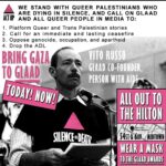 Sara Ramirez Instagram - 📢📢 HAPPENING NOW: JOIN US ‼️ THE HILTON MIDTOWN, 54ST & 6AV, BRING GAZA TO GLAAD ‼️ OFF YOUR SCREENS, & INTO THE STREETS ‼️ FOR QUEER PALESTINIANS FACING GENOCIDE ‼️ JOIN ACT UP & PEOPLE OF CONSCIENCE DEMANDING GLAAD & ALL QUEER PEOPLE IN MEDIA TO: PLATFORM PALESTINIANS, CALL FOR CEASEFIRE, OPPOSE GENOCIDE, & **DROP THE ADL** 🚫 WHEN STUDENTS AND MUSLIMS ARE UNDER ATTACK, WHAT DO WE DO? STAND UP, FIGHT BACK! 🔺🔺🔺 WE SAY NO TO RACIST FEAR, WE LOVE PALESTINIANS HERE! 🗽❤️🇵🇸 FIGHT AIDS, FIGHT GENOCIDE, FIGHT HATE, FREE PALESTINE! 🍉🏳️‍🌈🏳️‍⚧️ #ALLEYESONRAFAH #DROPTHEADL