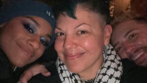 Sara Ramirez Instagram - Grateful for the joy I’ve allowed myself to feel in the midst of so much grief. Thank you to humans I have the pleasure of moving, learning, laughing, crying and loving with♥️

Pic1: Colorful queer, trans, non-binary people of all shades, shapes and looks gathered after @alokvmenon BRILLIANT ICONIC stand up/poetry installation at Sony Hall Thurs Feb 1,2024; @trudy0nduty ,me, @alokvmenon , @the_yvesdropper , @michellebuteau , @deetrannybear , @peppermint247 📷: Mitch Ferrino

Pic2: @ceciliagentili72 25th bday @bushdykebar Jan 31, 2024. @qween_jean , Cecilia and @therealgialove radiating playful and stunning,in front of gold balloon numbers 5&2 in red party lights.

Video1: @travisalabanza on a blue lit stage @ Sony Hall being a most hilarious and entertaining opener, God-voice-from-backstage,bff to the headliner that one could ever ask for.Travis in a gorgeous look, from the long pony tail to that blazer,black leather mini to most thrilling sexy black platform tall boots that are open in the front & held together by sparkly chains. 

Pic3: Sony Hall Feb 1, V(ery) I(ntroverted) P(atrons) section. From left to right: @arianadebose w/noteworthy blue eyeshadow beats/energy I looooove, me w/blue bangs & a Keffiyeh, my sweet love @trudy0nduty 

Video2: same group from pic 1, @michellebuteau saying to Alok that “now is going to be a bidding war. (we all scream cause true) You’re laying down groundwork.” I nod, Alok & I hug as I say how ****** the streamers are for not snatching their show up when they had the chance,then share how grateful I am to be alive when they’re alive. 🎥by Mitch Ferrino

Video3:The Bush Jan 31, @qween_jean is leading everyone in a chant that starts with “Cecilia”, Cecilia then switches it to “Free Palestine”, Qween then adds “If we don’t get no justice” and the group responds with “Then they don’t get no peace!”

Pic4: glass front entrance of The Bush in BK with a white yellow neon sign that reads “OPEN” and a white paper sign next to it that in black font reads: “NO RACISM, NO TRANSPHOBIA, NO HOMOPHOBIA, NO ABLEISM, NO FAT-PHOBIA, NO SEXISM, NO XENOPHOBIA, This is a dyke bar for all queers. Harassment and bigotry will not be tolerated.”