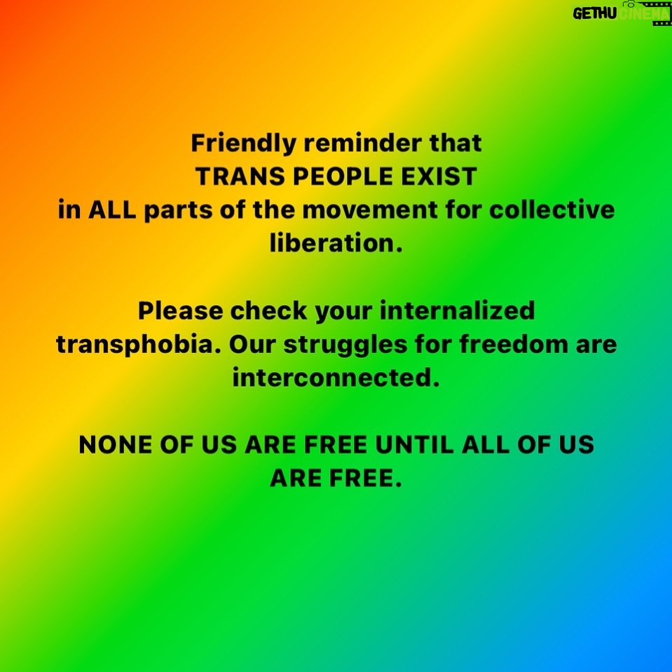 Sara Ramirez Instagram - Friendly reminder that TRANS PEOPLE EXIST in ALL parts of the movement for collective liberation. Please check your internalized transphobia. Our struggles for freedom are interconnected. 🍉 NONE OF US ARE FREE UNTIL ALL OF US ARE FREE. . . Caption above in black font over a rainbow background with the song Ya Tal3een by Dana Salah playing lyrics that include: . Last night I had dreams In the land of olive trees From the river to the sea People tasted freedom Soon those hellish skies Turned to blue and starry nights As their voices start to rise, we’re Ending an apartheid Hold on Just a little longer we’re going home Just a little longer hold on Glory’s Around the corner we’re going Home with our waving flag 🇵🇸🍉❤️🔥
