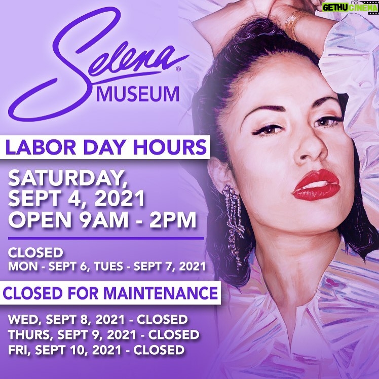 Selena Quintanilla Instagram - ✨SELENA MUSEUM HOLIDAY HOURS✨ Labor Day hours - Saturday, Sept. 4th 9AM - 2PM • Closed Sept. 6th-10th for maintenance. | ✨SELENA MUSEO DÍA LABORAL HORARIOS✨ - Sábado, 4 de Septiembre 9AM - 2PM • Cerrado 6 de Septiembre hasta el 10 de Septiembre por mantenimiento.