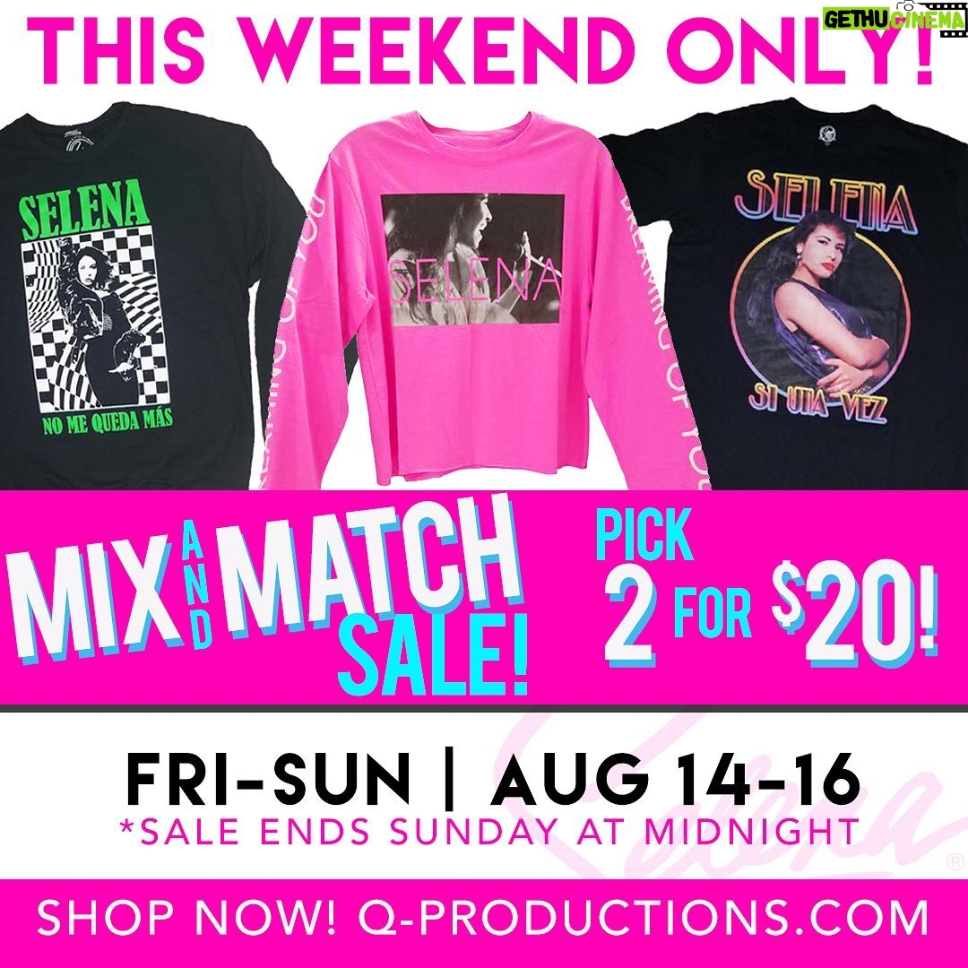 Selena Quintanilla Instagram - ⭐️𝐌𝐈𝐗 & 𝐌𝐀𝐓𝐂𝐇 𝐒𝐀𝐋𝐄⭐️ This weekend only Pick 2 for $20 on these selected items. Sale ends this Sunday, Midnight! Shop at www.q-productions.com
