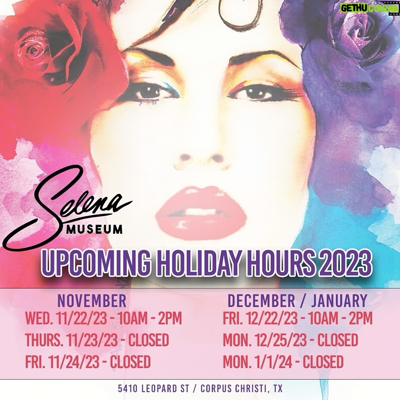 Selena Quintanilla Instagram - 🌟UPCOMING 2023 SELENA MUSEUM HOLIDAY HOURS🌟 NOVEMBER WED. 11/22/23 - 10AM - 2PM THURS. 11/23/23 - CLOSED FRI. 11/24/23 - CLOSED DECEMBER / JANUARY FRI. 12/22/23 - 10AM - 2PM MON. 12/25/23 - CLOSED MON. 1/1/24 - CLOSED