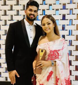 Shalani Tharaka Instagram - Very first award ceremony with him As Mr & Mrs 💍♥️ Srilankan Top 100 awards 2023 ⚡️ “most popular actress” HMUA @makeupbyhisham Saree @tulipwardrobesl Saree Jacket @nayomawijesinghe Suit @groomsartsl