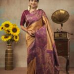 Sharanya Turadi Instagram - Aren’t we all living a vintage dream? Journey through time where the past meets the future with Mokshaa’s Retro Futurism marvel! This beautiful rust gold saree, embellished with a peacock border, paired effortlessly with a chic maroon blouse, invites you to explore a fusion of vintage charm and futuristic style. DM to place your orders and check out the link in our bio for more ! #saree #indiansaree #ethnicwear #womensaree #mokshaa #sharanyaturadi #sharanyaturadi_official #sharanya #fashion #fashionmodel