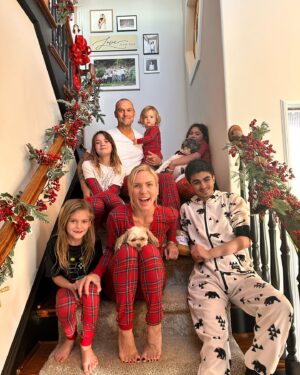 Sharna Burgess Instagram - Let me tell you about a mothers impossible dream. Her unicorn if you will..… ONE damn usable photo! I have about 300 photos of just today on my phone and these are the ONLY (barely) usable ones where we are somewhat looking in the same general direction. And almost no one is blinking. Or pulling a face. And at the same time I wouldn’t change a single thing about us. As long as I get ONE damn photo. And if you can’t beat ‘em… join ‘em :)

From mine to yours, Merry Christmas and Happy Holidays everyone 🌲✨🫶🏼

I. Am. Wiped. TF. Out. 
Also… 

Favorite Christmas to date. Heart so full. 🫶🏼