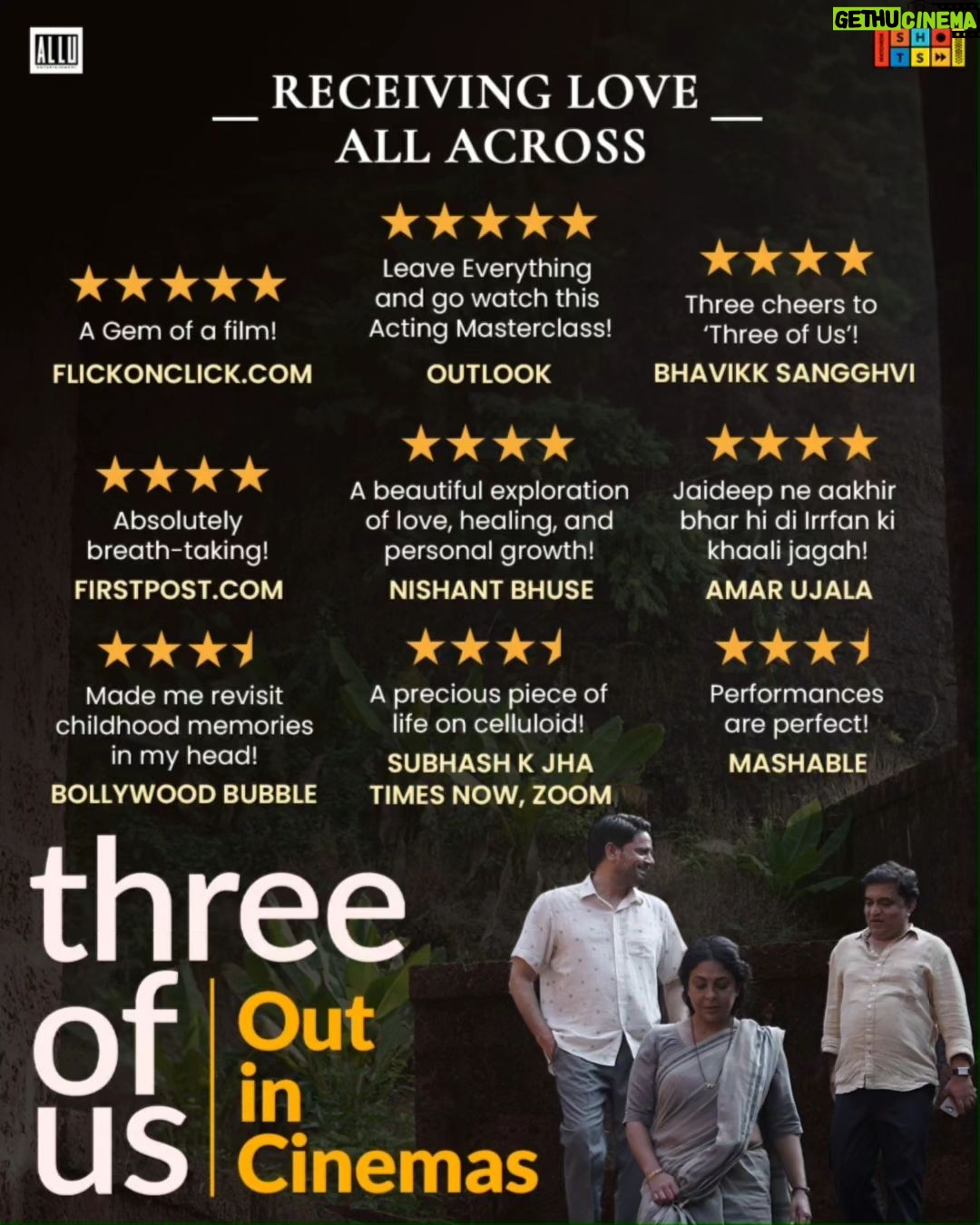 Shefali Shah Instagram - We are overwhelmed with the warm response and all the love we received ❤️❤️ #ThreeOfUs now in cinemas near you. @jaideepahlawat @swanandkirkire @kadambarik13 @avinasharundhaware @matchboxshots @sanjayroutraymatchbox @saritagpatil @dikssharoutray @bunnyvas @alluents @djangokaza @pratikmr @pita.chat @omkar.barve @vidushak @shoaibzulfinazeer @vishal_bajaj_1603 @alokanandadasgupta @ochinmay @bridgepostworks @sidmeer @truebluedesignco @karmicfilms @ani_nag #AvinashArunDhaware #Vinitdsouza @hugearmstrong @geethaarts @ga2pictures @pvrcinemas_official @inoxmovies