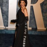 Shohreh Aghdashloo Instagram - With special thanks to Vanity Fair and to Kevan Hall for designing this beautiful dress that carries the message of the brave Iranian freedom fighters. با تشکر ویژه از Vanity Fair و Kevan Hall برای طراحی این لباس زیبا که پیام جنگجویان شجاع آزادی ایران را حمل می کند. 👗: @kevanhalldesign 💎: @matturijewellery 👜: @tods 💇🏻‍♀️: @lovetaije 💄: @drodbeauty 📷: @kjohn_lasoul Stylist: @svint.jvmes #Oscars95 #VanityFairParty #WomanLifeFreedom