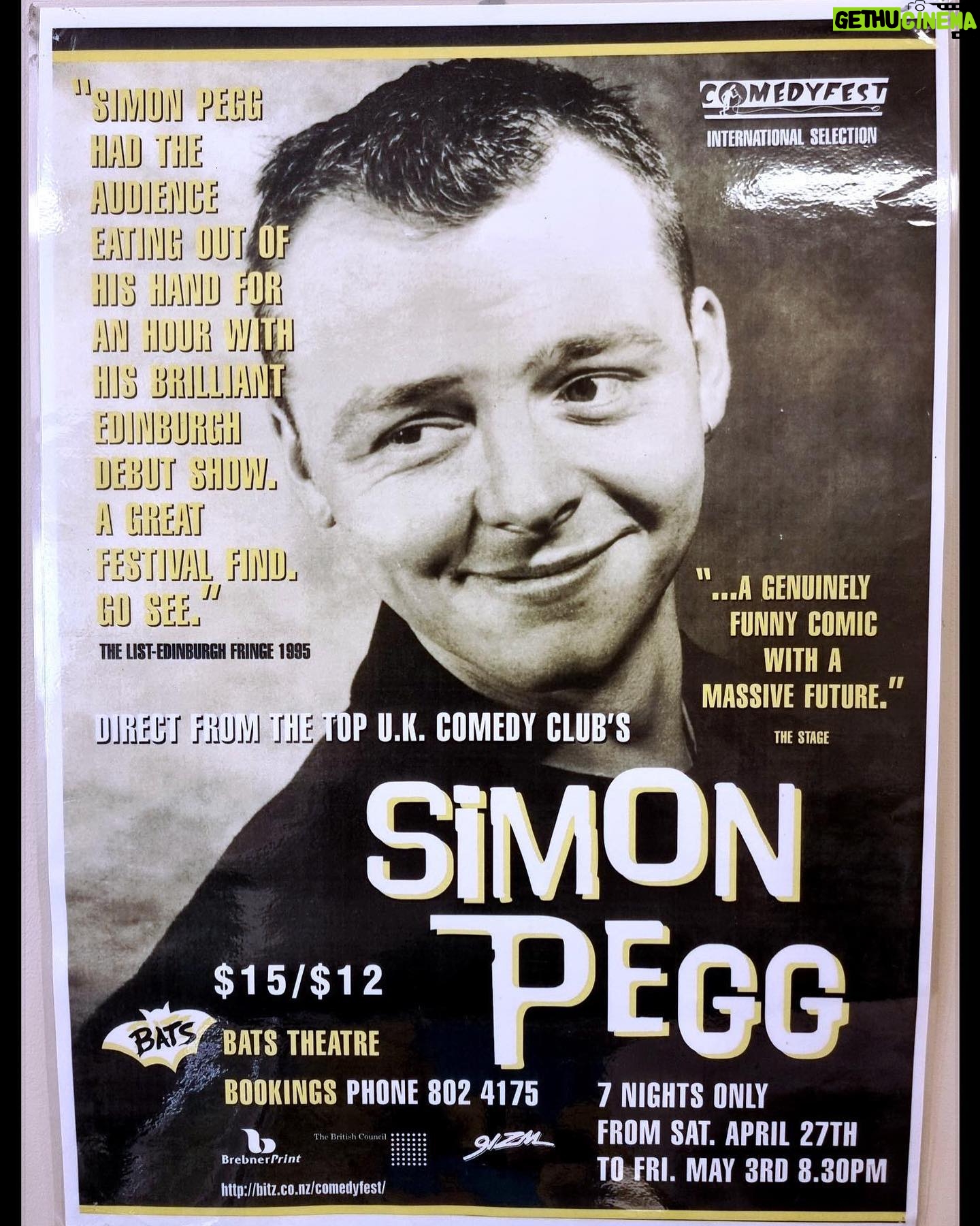 Simon Pegg - 33.8K Likes - Thought this one deserved to go on the grid. From 1995, the poster for my first one hour solo stand up show. This one is hanging in @bats_theatre in Wellington, New Zealand, where I performed in early 1996. This was sent to me by Deacon himself, @jonnybrugh. 🧛🏻♂️❤️