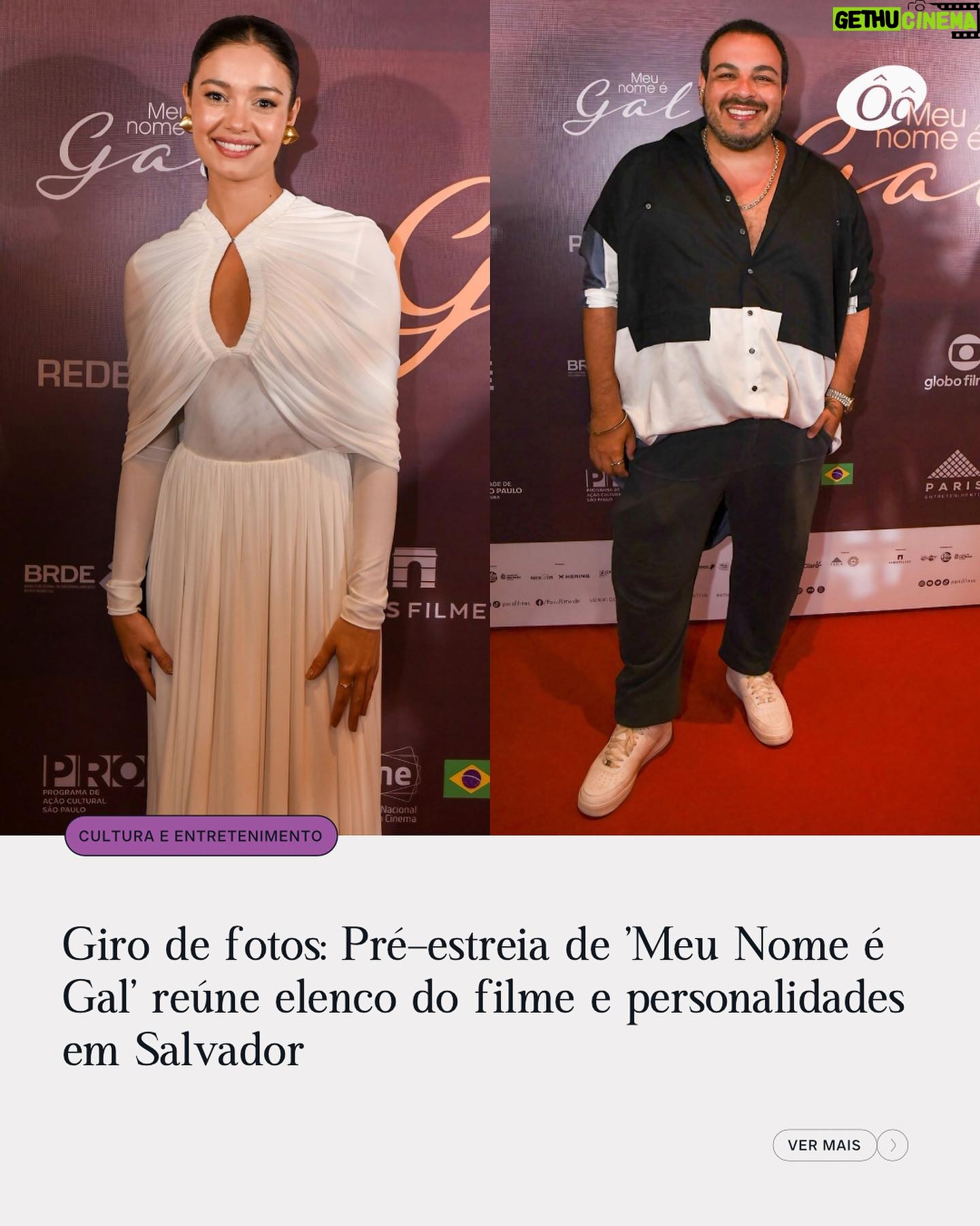 Sophie Charlotte Instagram - Um dos filmes mais aguardados do ano, #MeuNomeéGal ganhou pré-estreia concorrida em #Salvador, terra natal de #GalCosta, na noite desta segunda-feira (2), no #CineGlauberRocha, no Centro. O lançamento do longa-metragem contou com a presença da atriz #SophieCharlotte, que interpreta a cantora, das diretoras Dandara Ferreira e Lô Politi, e dos atores Luis Lobianco, Caio Scot, Elen Clarice e Chica Carelli. "Me aproximar dela, mergulhar em sua obra, na sua vida, na sua existência, na sua história, só me fez admirar ainda mais a #Gal. Eu amo a Gal Costa. E eu fiz com todo o meu coração mesmo essa homenagem. Ela é incrível, e o que ela realizou é surreal. Porque ela se transformou e se modernizou tanto ao longo da vida”, disse Sophie em entrevista ao Alô Alô Bahia. “Para mim é uma tristeza enorme Gal não estar aqui hoje com a gente. O filme foi inteiro pensado para ela: uma homenagem para ela curtir, para ela revivenciar muitas memórias que foram importantes para a vida dela. E aí, os percalços da vida… infelizmente, Gal não está aqui hoje, mas eu tenho certeza que onde ela estiver ela vai estar muito feliz com o projeto, porque é uma declaração de amor”, declarou Dandara. Galeria completa no Alô Alô Bahia - link na bio ou Stories. 📸: Elias Dantas / Alô Alô Bahia #AloAloBahia #Bahia - compartilhe a informação.