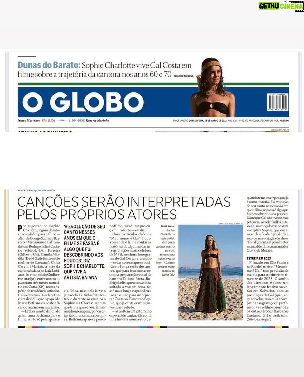 Sophie Charlotte Instagram - “…Daqui pra frente e para todo sempre “… AMOR por todos que fizeram esse filme ! Matéria astral @jornaloglobo pra falar sobre nossa alegria de estar nas eternas dunas da @galcosta para filmar “Meu nome é Gal” ! Viva Gal Costa ! Viva Wally Salomão ! Viva Jards Macale!