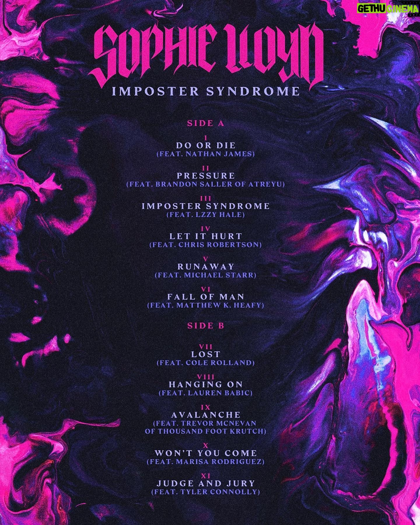 Sophie Lloyd Instagram - I can't believe my album Imposter Syndrome is out TONIGHT! There is still time to grab your pre-orders! I will be giving away a signed personalised Imposter Syndrome CD to one lucky winner who Pre-Saves my upcoming album Imposter Syndrome on Spotify, iTunes, Amazon or Deezer! - Found.ee/impostersyndrome Also get your physical copies by clicking the "Store" button on the link, or go directly to shop.sophieguitar.com I’ve been waiting for this day to come for so long and I’m so excited to be able to share this with you guys 💜 #impostersyndrome #sophielloyd #sophieguitar #rockmusic #newmusic #rock #heavymusic #guitar #guitarist #albumart