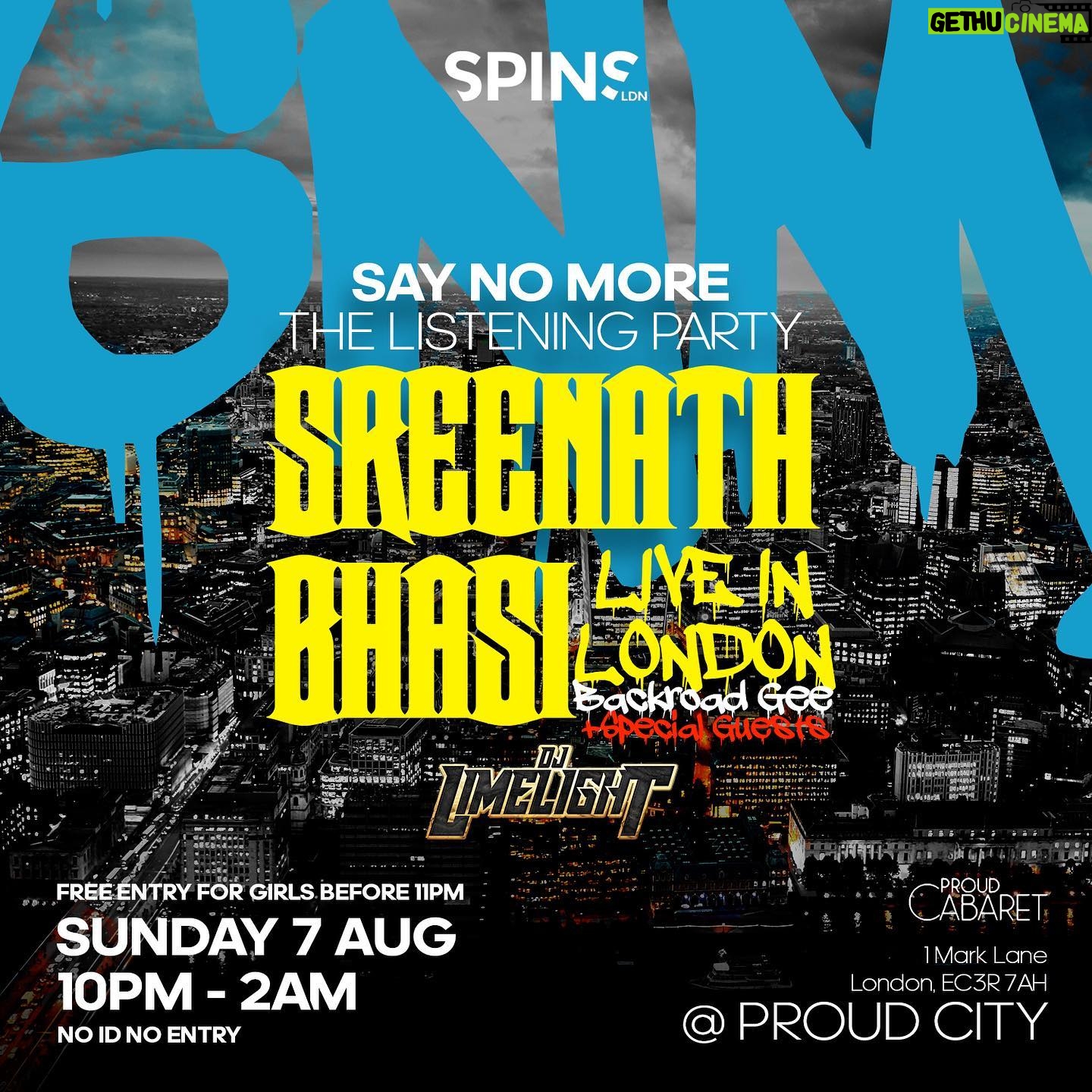 Sreenath Bhasi Instagram - I know I said the last show was the last, but I couldn’t leave without completing my new album here and I got to work with some legendary artists here in the UK and blessed to be here in East London with these amazing friends I made here at @spins.studio and couldn’t be more happier to welcome you all for listening to some music on Sunday. @omygoshitsddoublee @teddymusicuk @spins.studio @_700savage @backroadgee @djlimelightuk @tinchystryder TICKET LINK IN BIO!